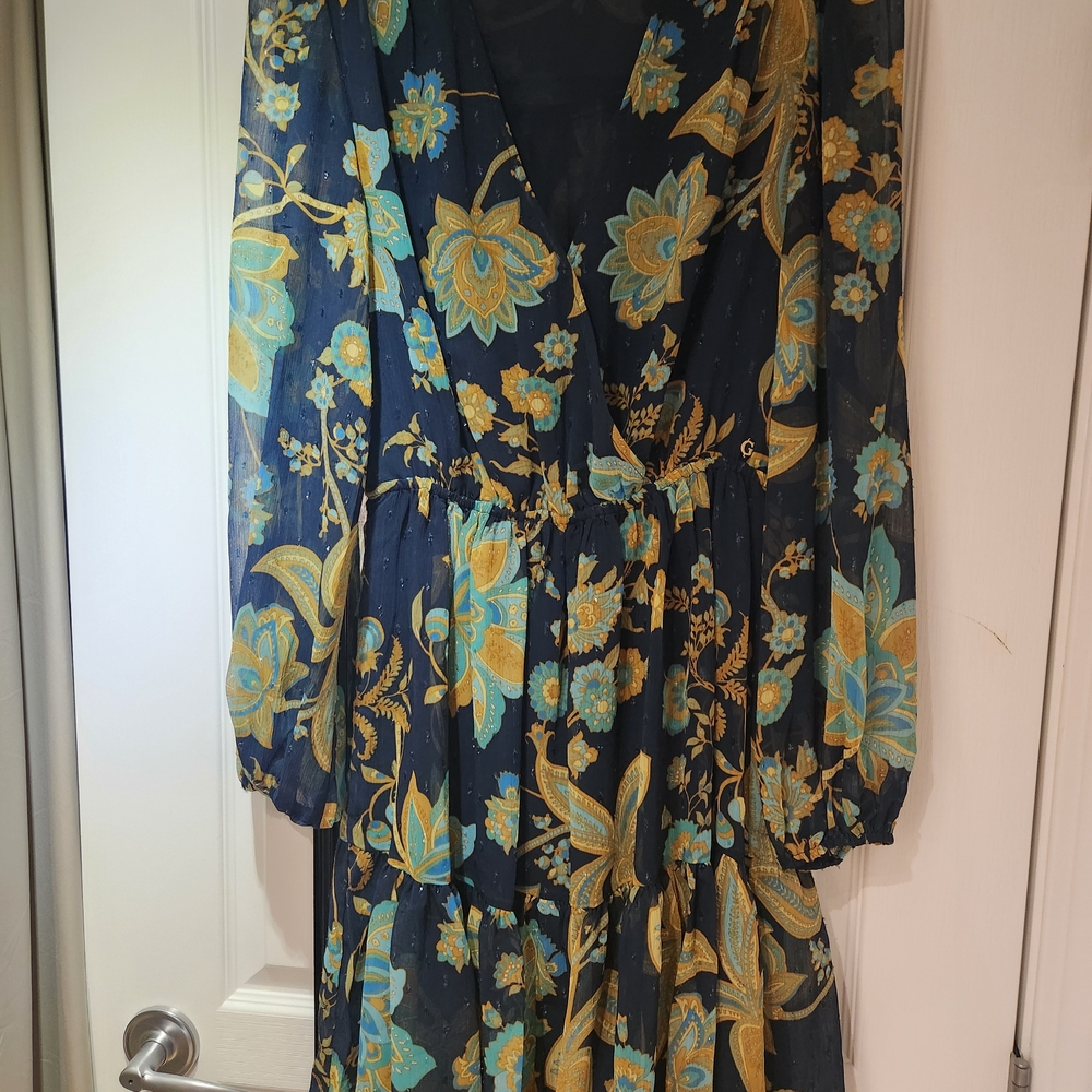 Guess Navy and Gold Floral Long Sleeve Dress